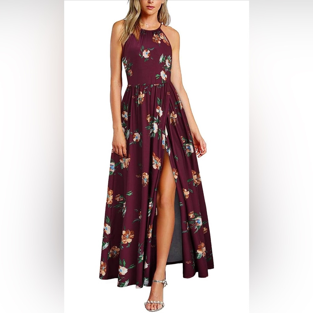 NWT maxi halter dress floral sleeveless burgundy maroon